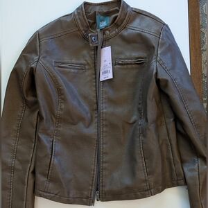 Womens Brown Faux Leather Zip-Front Jacket